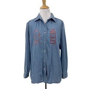 Vintage Mickey Unlimited Shirt Womens S Small Blue Button Up Denim Long Sleeve